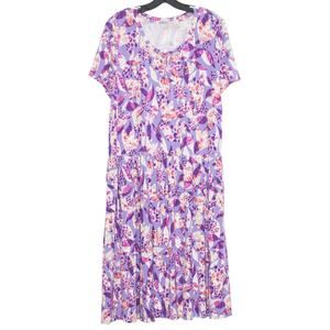 LOGO Lori Goldstein Dress Cottage Casual Boho Abstract 90s Midi Purple Medium